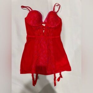 Victoria's Secret Very Sexy Red Pink Lace Corset Rhinestones 36C Mesh Garters